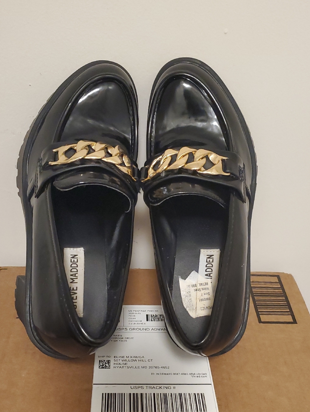 Steve Madden Black Patent Loafers with Gold Chain Detail,  Size 7.